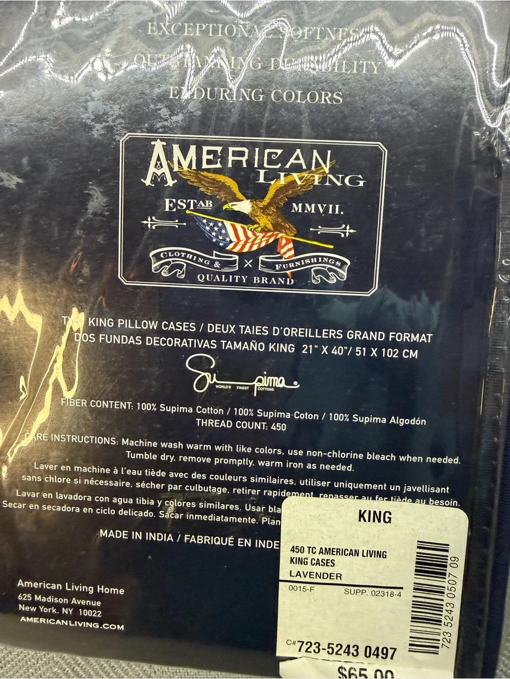 NWT American living 2 king pillowcases lavender. Supima cotton 450 thread count.